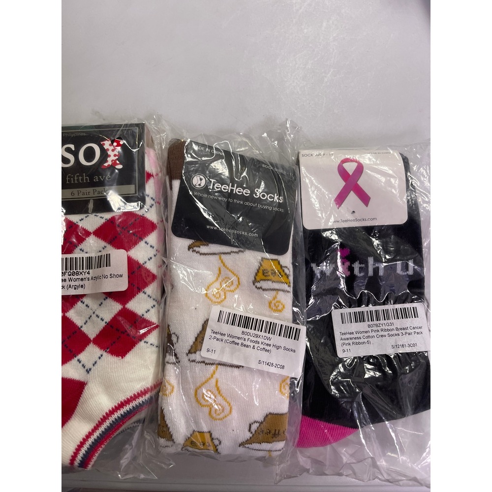 3 Pcs TeeHee Socks Bundle Acrylic Cotton Argyle Coffee Pink Ribbon 9-11 Womens